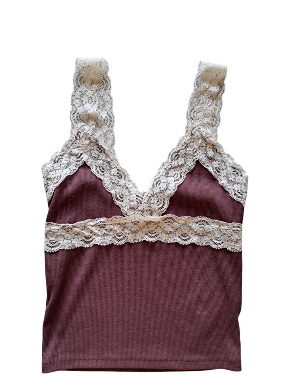 Y2K Lace-Trimmed Ribbed Knit Crop Tank Top Brown Cream Boho Festival Women's S